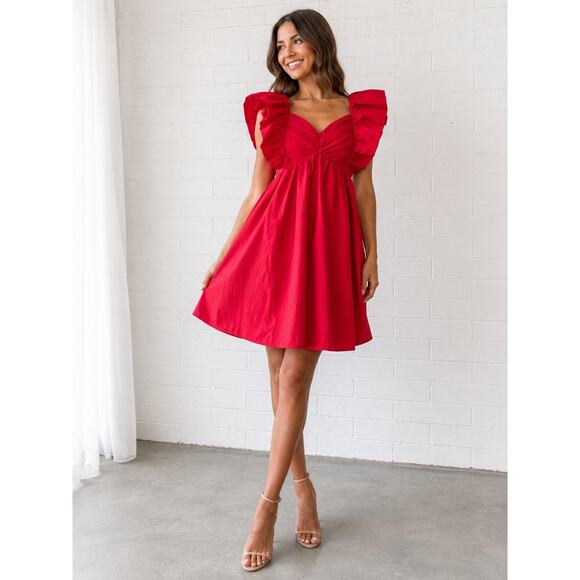 entro Dresses & Skirts - Entro Red Ruffle Sleeve Babydoll Dress Women’s Medium Puff Sleeve  NWT